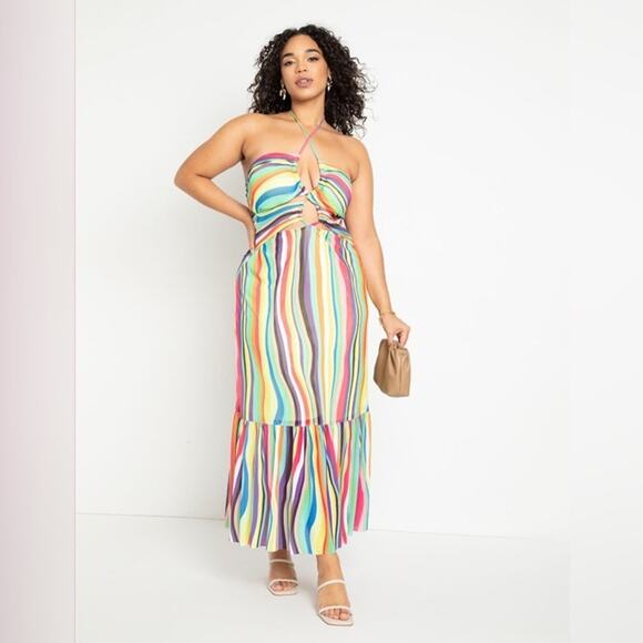 Eloquii | Colorful Striped Rainbow Strappy Cut Out Plus Size Halter Maxi Dress - Picture 11 of 11